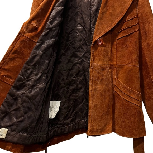 Vintage Suede Leather Jacket Burnt Orange Belted Suede Coat Size Medium 13/14 - Picture 7 of 17